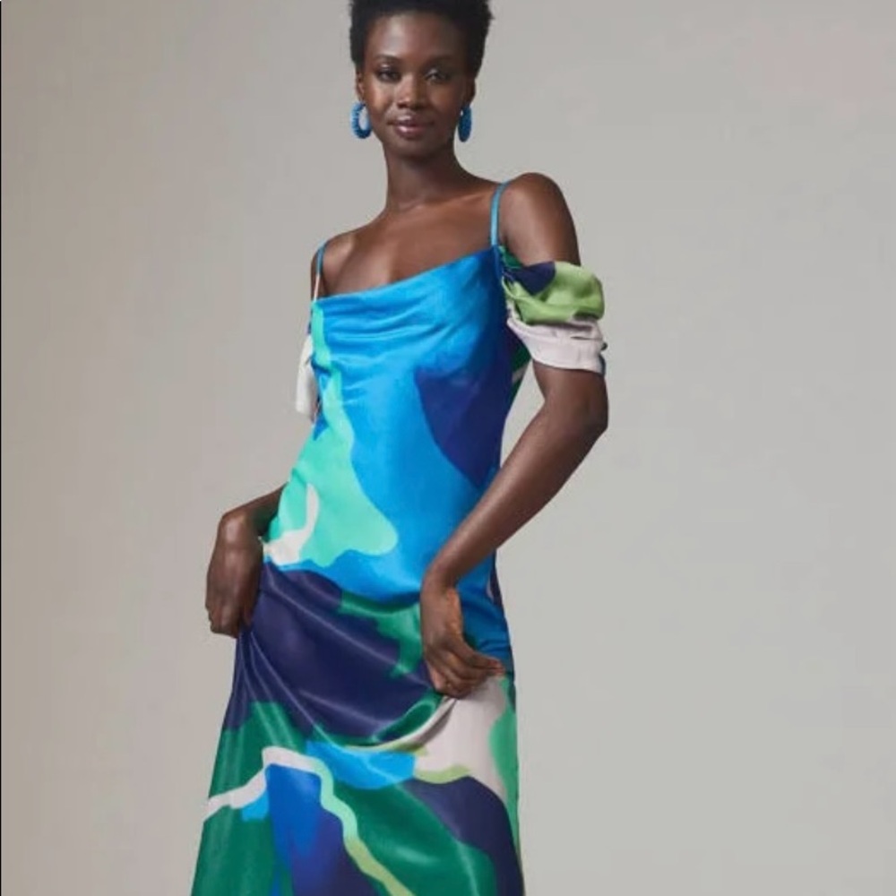 Anthropologie Bl-nk Painterly Off-Shoulder Slip Dress Blue size Large EUC